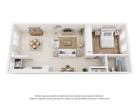 A 3D floor plan of a small apartment with a kitchen, living room, and bathroom.
